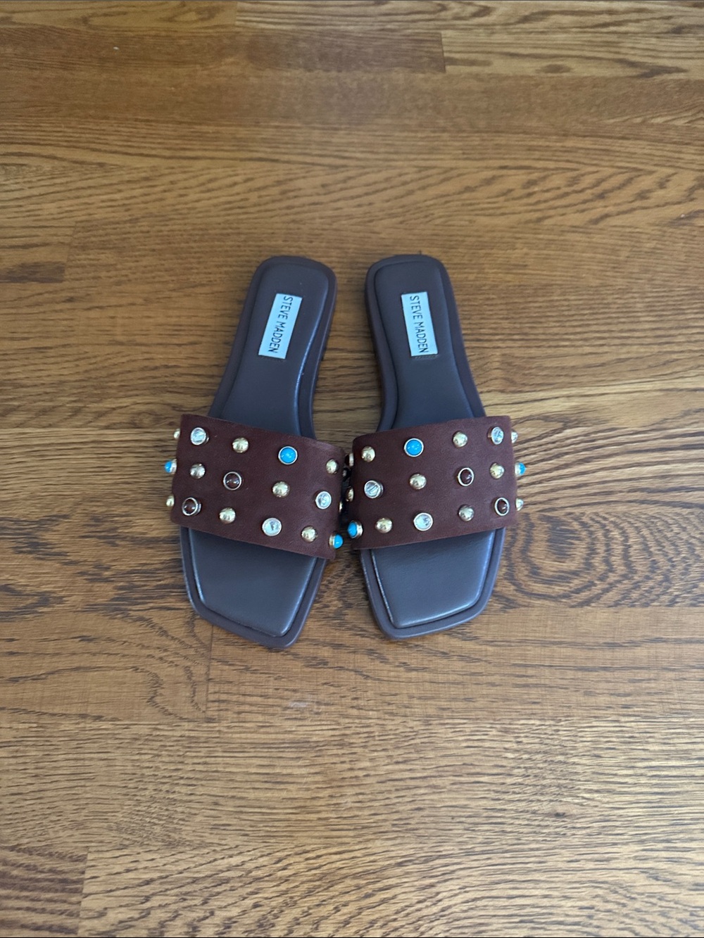Steve Madden Brown Slide Sandals with Gold and Turquoise Studs